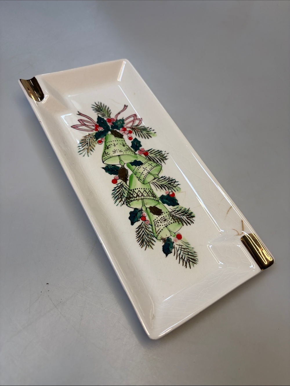 Mid Century Vintage Lefton’s Glass Christmas Holly Berries Ashtray Dish 1310N